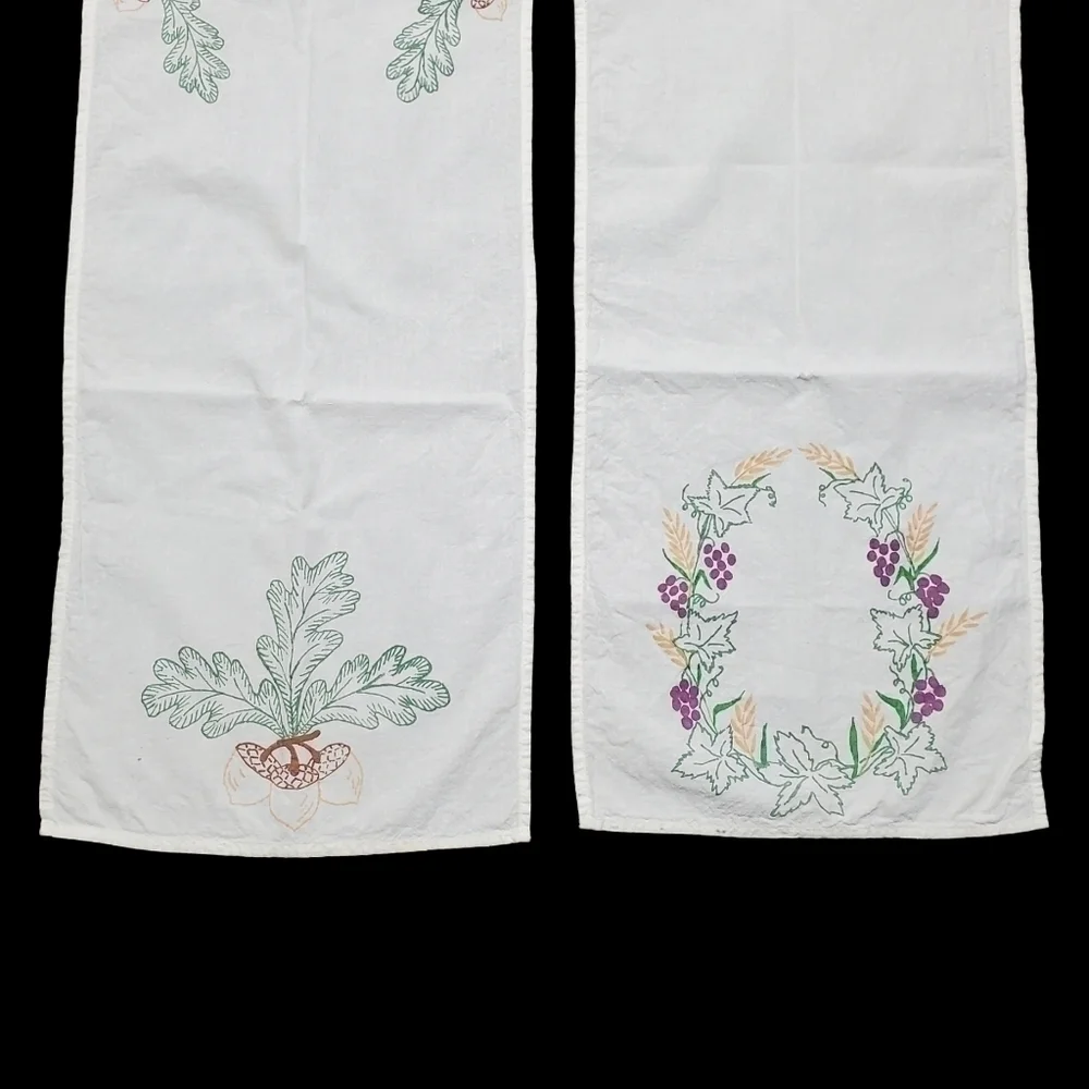 Vintage Autumn Table Runner Set Of 2 Grape Acorn Foliage Screenprint Fall 44